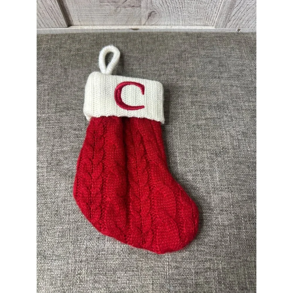 Christmas Stocking With Red Cable Pattern & White Cuff Featuring Monogram C